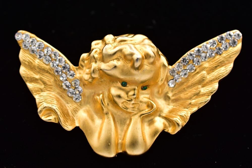 Vintage Cherub Angel Pin Brooch Brushed Gold Crystal Chunky Retro 1980s BinBP